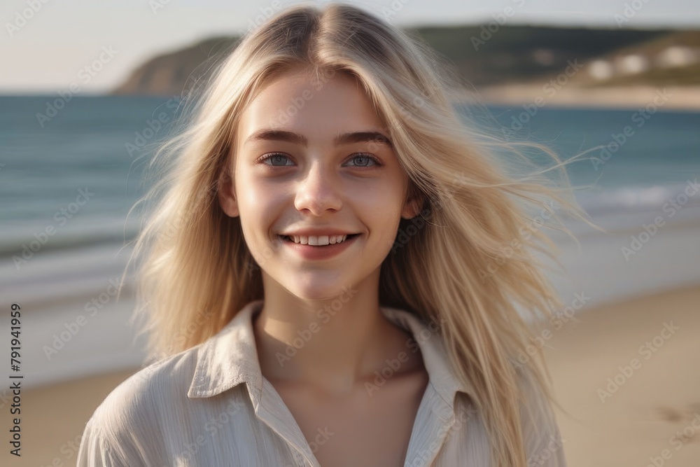 Close-up portrait of a young beautiful happy blonde woman with a smile with long hair on the seashore. Summer tropical mood.