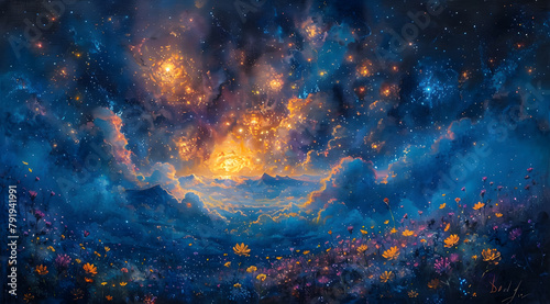 Enchanted Garden: Artistic Oil Painting of Mystical Creatures and Fairies Under Starlit Sky