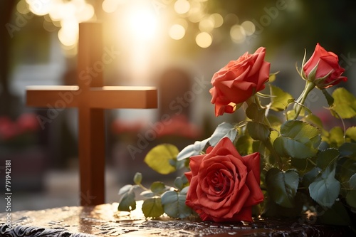 three red roses lie on a stone tombstone against the background of a Christian cross in sunny weather photo