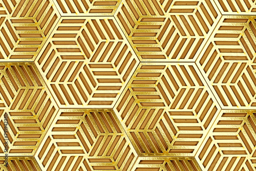 Golden shape hexagon cell tiling on the luxury decoration interior Gold wood honeycomb, hexagon, abstract metal background