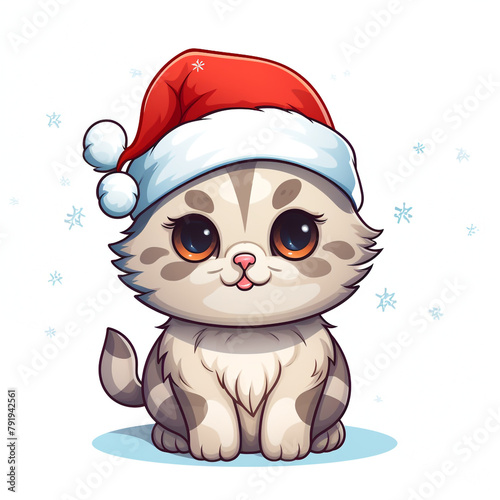 Christmas Cat illustration with outline with white Background сreated with Generative Ai