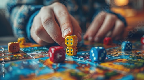 A person is playing a board game and rolling the dice. photo