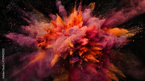 Pinkfarbene Farbexplosion vor dunklem Hintergrund  rauchender Knall  Explosion aus Pulver