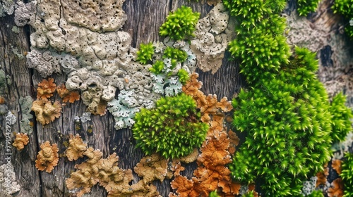 Vibrant Moss and Lichen on Rustic Wooden Surface in Nature photo