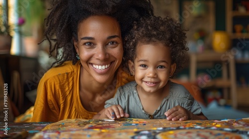 An African American mother and her toddler daughter are sitting at a table covered in finger paint. They are both smiling and looking at the camera. photo