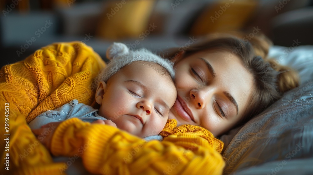 A woman and baby sleeping together on a bed, AI A woman and baby sleeping together on a bed, AI
