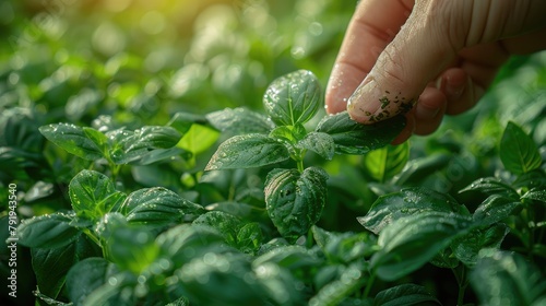 Close-up of a farmer's hand gently holding a small basil plant with morning dew on its leaves. photo