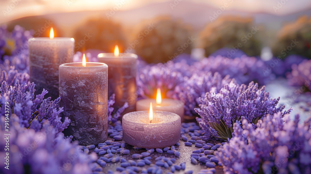 Lavender flowers and burning candles against the backdrop of a lavender field at sunset. Lavender for making aromas, perfumes, soothing incense. Lavender flowers and burning candles against the backdrop of a lavender field at sunset. Lavender for making aromas, perfumes, soothing incense.