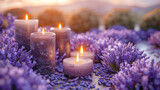 Lavender flowers and burning candles against the backdrop of a lavender field at sunset. Lavender for making aromas, perfumes, soothing incense.