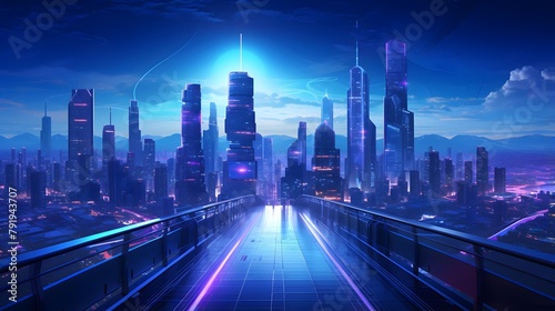 Futuristic city at night with neon lights. 3d rendering © Iman