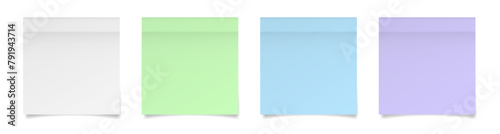 Set of square paper stickers. Stick in notes. White, green, violet and blue colors. Multicolor post it notes. Sheets of paper. Tag, sticky note