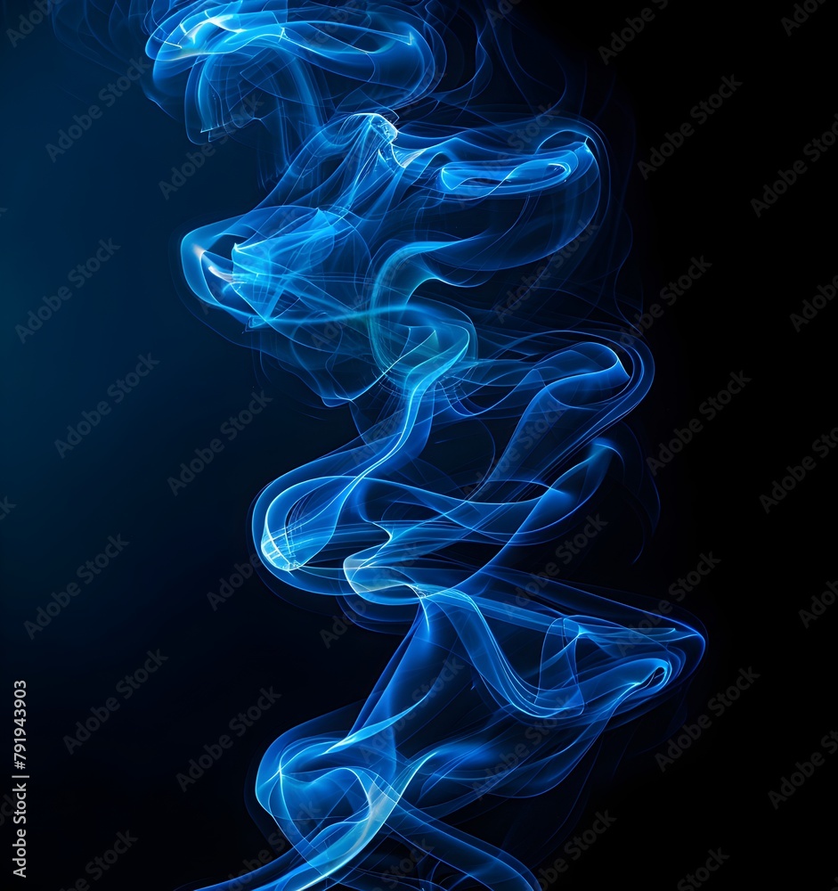 Fototapeta premium Blue smoke, smoke art on a black background, flowing like an elegant ribbon in the air, in the style of a high resolution, high detail, realistic photo, with a cinematic light, captured with a Canon