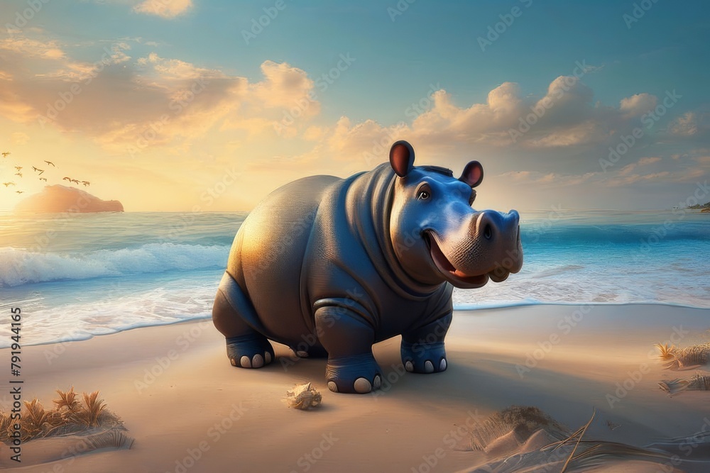 Cartoon hippopotamus traveler with luggage on the seashore. Concept of summer vacation, summer vacation.