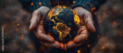 A businessmans hands holding a glowing globe symbolizing global business ethics. Concept Global Business Ethics, Sustainability, Corporate Responsibility, Leadership Efforts photo