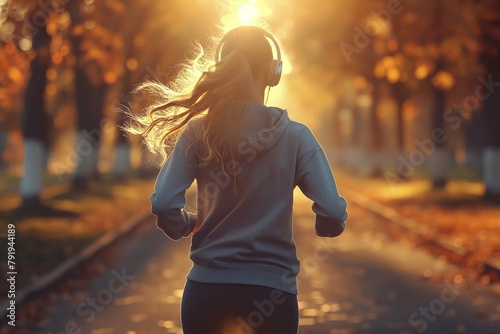 A woman wearing headphones on a run in the city with a blinding sunset