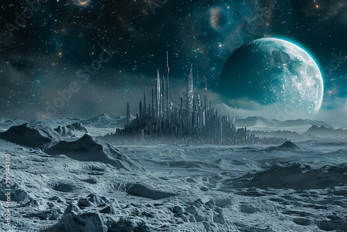 Science fiction. Futuristic space landscape, cities and moon