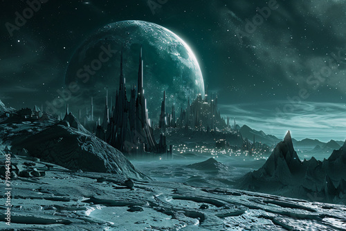 Science fiction. Futuristic space landscape, cities and moon
