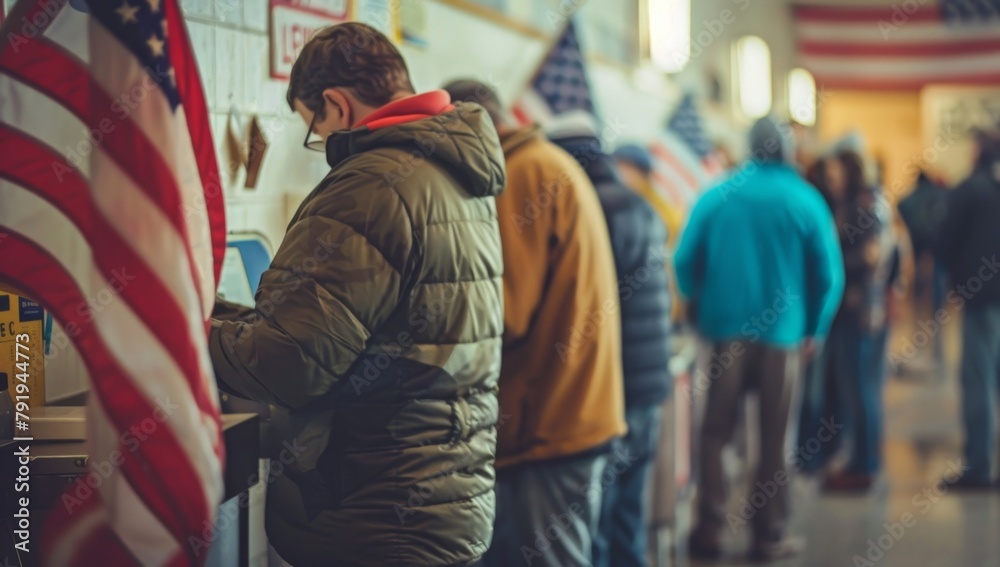 People casting their candidature at the U.S. police station ballot booth, with American flags in the background People wearing winter jackets and jeans Generative AI
