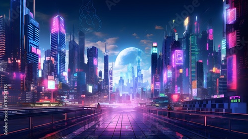 Futuristic city at night with neon lights. Panorama.