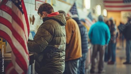 People casting their candidature at the U.S. police station ballot booth, with American flags in the background People wearing winter jackets and jeans Generative AI © SKIMP Art