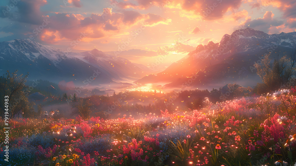 A wide-angle view of a sprawling wildflower meadow at sunrise, with dew glistening on the petals A wide-angle view of a sprawling wildflower meadow at sunrise, with dew glistening on the petals