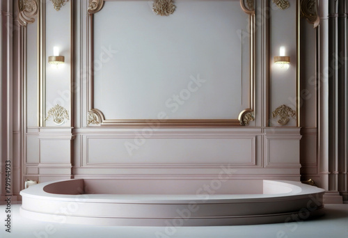 'cosmetic products form platform stand pink style lining wainscot podium splay interior wall partition decorating light fashion luxury cornices 3D beauty colonial panel classic pastel poduim'