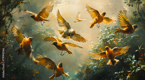 Gusts of Flight: Oil Painting Depicting Birds Spread Against Forest Backdrop photo