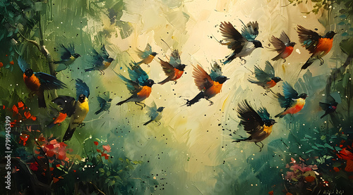 Forest Flight Symphony: Artistic Oil Painting of Birds Amid Lush Forestscape photo