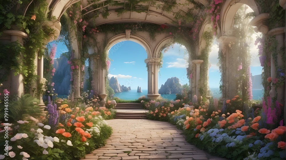  A photorealistic depiction of an enchanted fairytale garden with secret pathways under flower arches, vibrant greenery, and a digital backdrop of magical beauty. The image should capture the realisti