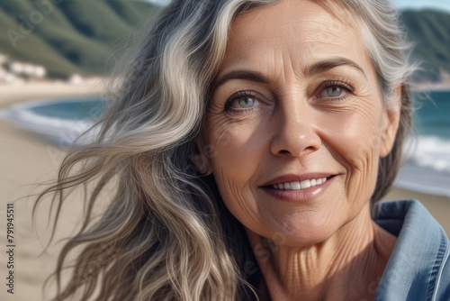 Obraz na płótnie Well-groomed happy elderly blonde woman with long ash-colored hair on the seashore. Portrait of a 55 year old woman. w salonie