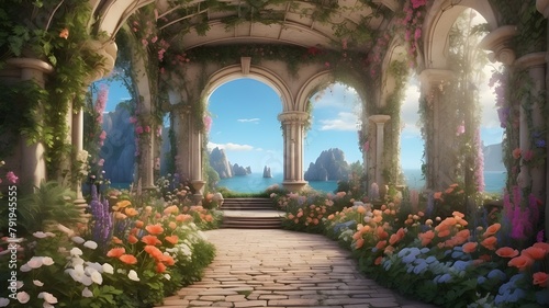  A photorealistic depiction of an enchanted fairytale garden with secret pathways under flower arches, vibrant greenery, and a digital backdrop of magical beauty. The image should capture the realisti photo