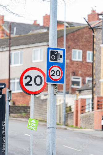 Road signs indicating the new 20 MPH speed limit in residential area's in Wales, UK