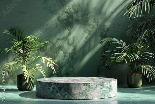 A 3D rendered view with a summer backdrop in a stone podium. Generative Ai