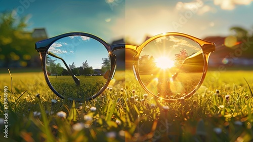 a sunny summer image divided in half showing the difference between a glasses lens with vs without anti-glare coating 