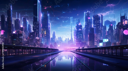 Night city panorama with neon lights and road. 3d rendering