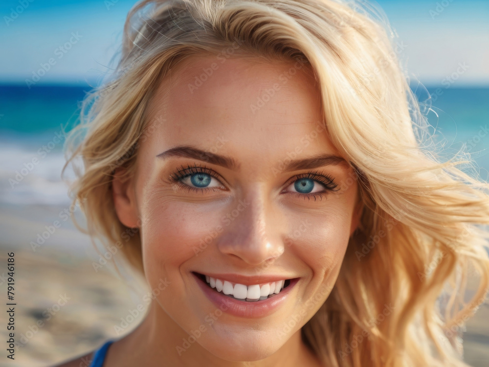 Close-up portrait of a young beautiful happy blonde woman with a smile with long hair on the seashore. Summer tropical mood.