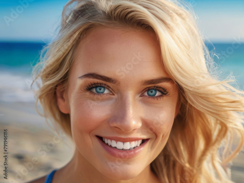 Obraz na płótnie Close-up portrait of a young beautiful happy blonde woman with a smile with long hair on the seashore. Summer tropical mood. w salonie