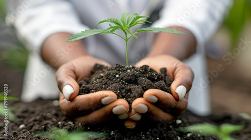 Hands and young marijuana plant close-up, alternative medicine concept, white background, banner