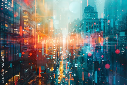 Explore a cityscape from a tilted perspective, showcasing futuristic AI technology intertwined with urban elements Vibrant colors pop in a surreal scene of innovation photo