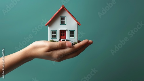 A hand holding a paper picture of a family  home  and car on a green background  illustrating an insurance concept