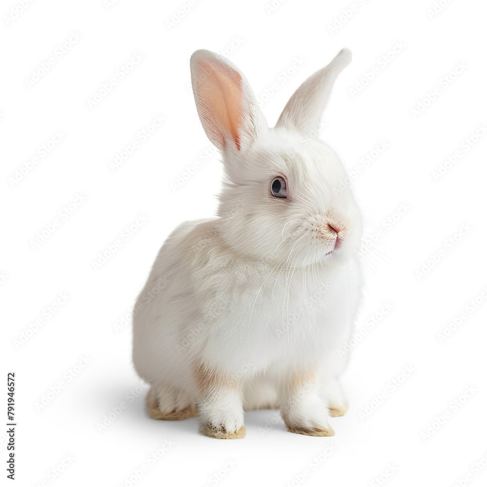 a cute white color rabbit sitting on the floor isolated on a transparent background 