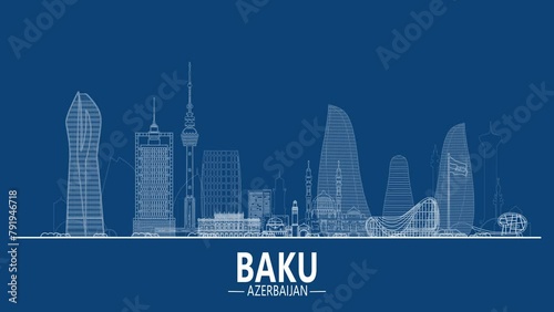 Baku architecture line skyline Blue background 4k  (ID: 791946718)