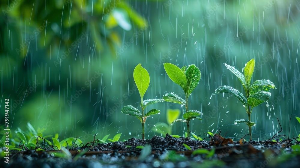 save the green planet, small plants growing from dirt, soft rain coming down save the green planet, small plants growing from dirt, soft rain coming down