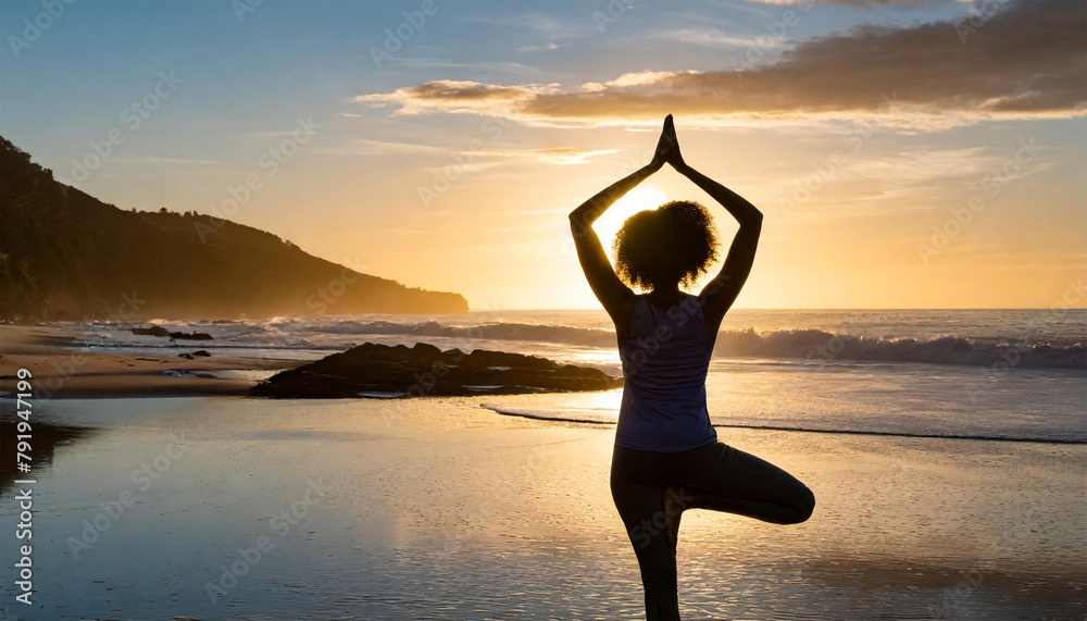 Woman silhouette doing yoga on the beach during sunset. 