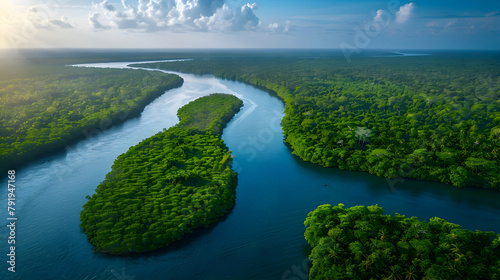 An aerial view of a winding river through a lush rainforest, emphasizing the river's vibrant blue against the greenery