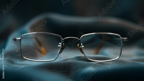 A set of silver-colored spectacles for men on the material. The glasses have an eyebrow line design and a rectangular shape. Studio lighting and product photography are set up