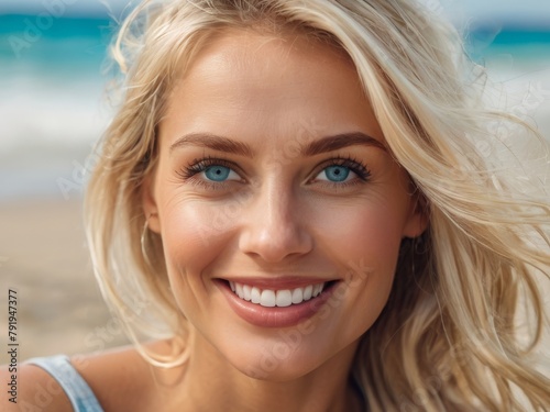 Obraz na płótnie Close-up portrait of a beautiful happy blonde woman with long hair on the seashore. Summer tropical mood. w salonie