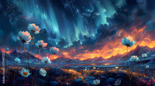 Enchanted Nightscapes: Oil Painting Capturing the Ethereal Beauty of Aurora and Flowers