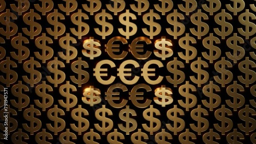 Gold dollar and euro money coin, loop animation on black background, Euro Money to US dollar conversion, 3D rendering.