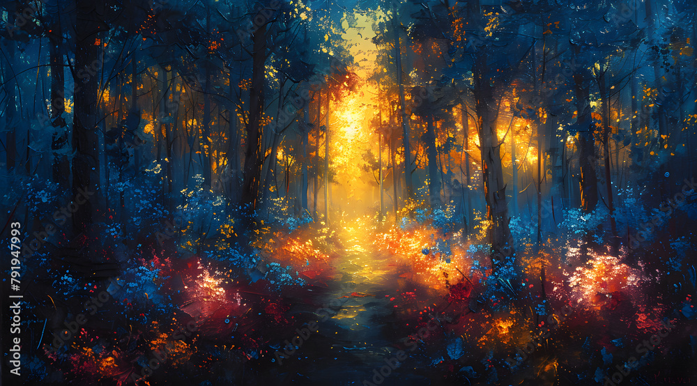 Radiant Wilderness: Oil Painting Showcasing Vibrant Colors in Illuminated Forest Scene